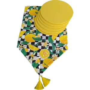 Damalı Limon Desen Runner+6 Adet Sarı Amerikan Servis Supla Seti
