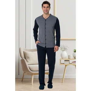 Mecit Pijama By Mecit 2774 Lacivert Önden Düğmeli Büyük Beden Erkek Pijama Takımı