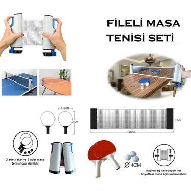 Keufman Tenis Masası Filesi Masa Tenisi Filesi Portatif Masa Tenis Filesi 150 cm 2 Raket + 3 Top