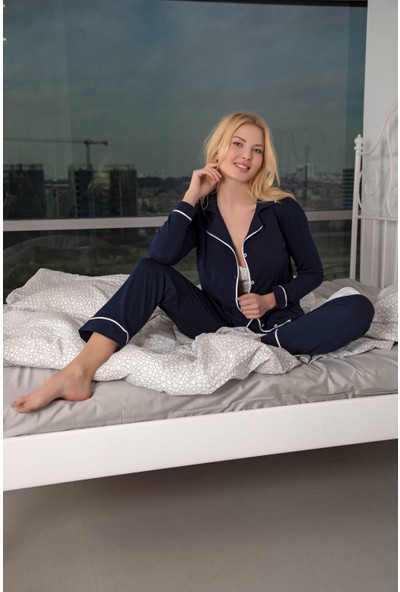 Huq Moda Huq Moda lacivert Ekru Biyeli Pamuklu Likralı Düğmeli Pijama Takımı - Lacivert