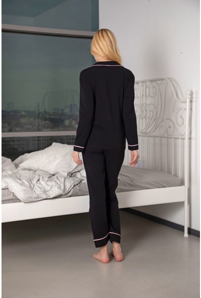 Huq Moda Huq Moda siyah Pembe Biyeli Pamuklu Likralı Düğmeli Pijama Takımı - Siyah