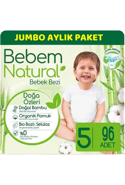 Bebem Bebek Bezi Natural Jumbo Aylık Pk Beden:5 (11-18KG) Junior 96 Lı