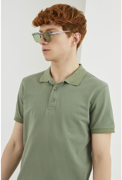 Z Giyim Erkek Açık Haki Pamuklu Düğmeli Polo Yaka Tişört