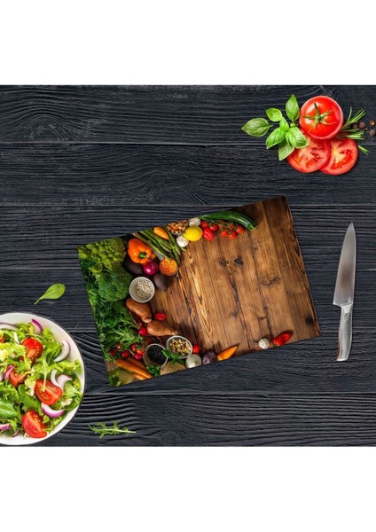 20x30 cm Cam Kesme Tahtası Ahşap ve Sebzeler