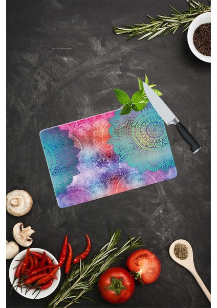 Mavi Kırmızı Mandala Desenli Cam Kesme Tahtası 20 cm x 30 cm