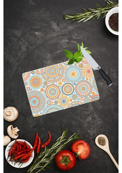 Açık Yuvarlak Mandala Desenli Cam Kesme Tahtası 20 cm x 30 cm