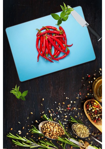 Kızıl Biber Desenli Cam Kesme Tahtası 30 cm x 40 cm