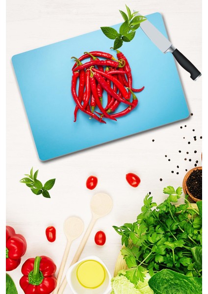 Kızıl Biber Desenli Cam Kesme Tahtası 30 cm x 40 cm fiyatları