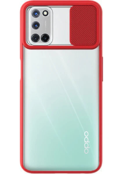 Case World Oppo A72 Kapak Lensi Açılır Kapanır Kamera Korumalı Silikon Kılıf - Kırmızı