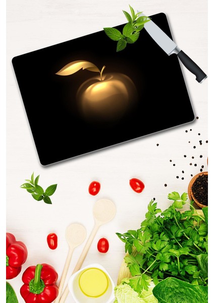 Altın Elma Desenli Cam Kesme Tahtası 30 cm x 40 cm