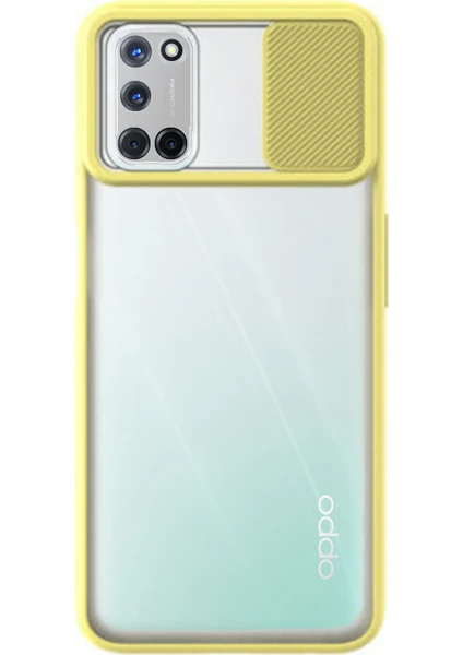 Case World Oppo A72 Kapak Lensi Açılır Kapanır Kamera Korumalı Silikon Kılıf - Sarı