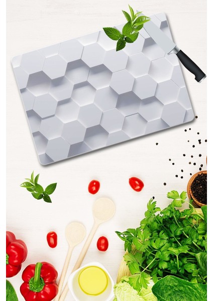 Beyaz Altıgen Desenli Cam Kesme Tahtası - Cam Kesme Tablası 30 cm x 40 cm