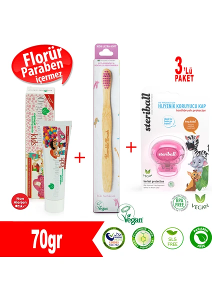 Doğal Çocuk Diş Macunu + Humblebrush Diş Fırçası(Pembe)+Streibal Fırça Kabı(Pembe