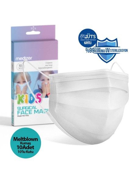 Full Ultrasonik Cerrahi Çocuk Maskesi 3 Katlı Meltblown Kumaş 10'lu - Burun Telli