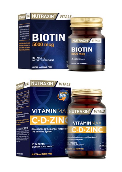 Vitamin Max C Vitamini d Vitamini ve Çinko Takviyesi 60 Tablet + Biotin 5000 mcg 30 Tablet