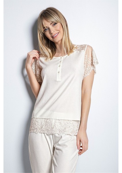 Kadın Ekru Battal Kısa Kollu Pijama Takım 19152B