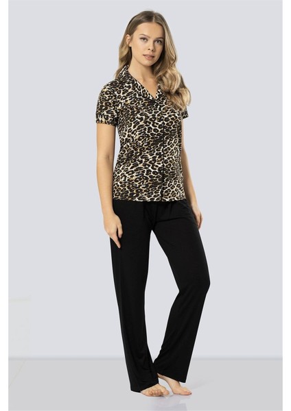 Kadın Leopar Desenli Kısa Kol Pijama Takımı 3288