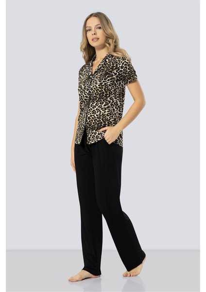 Kadın Leopar Desenli Kısa Kol Pijama Takımı 3288