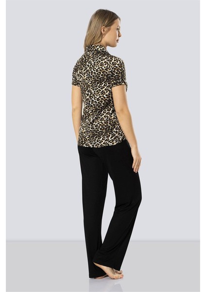 Kadın Leopar Desenli Kısa Kol Pijama Takımı 3288