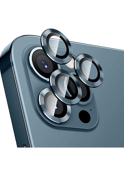 Apple iPhone 12 Pro 3D Metal Çerçeveli Kamera Lens Koruyucu Mavi