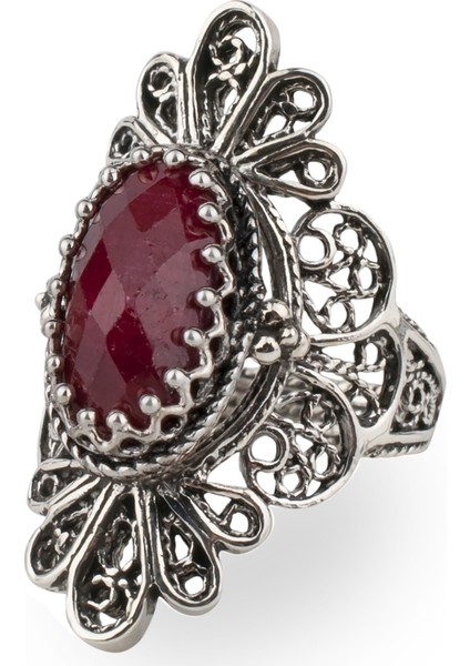 925 Ayar Gümüş El Tasarımı Telkari Sanatı Doğal Ruby Korindon (Opak Yakut) Taşlı Kadın Yüzük