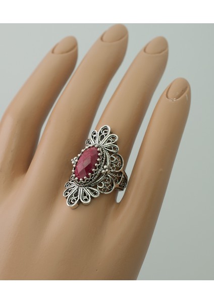 925 Ayar Gümüş El Tasarımı Telkari Sanatı Doğal Ruby Korindon (Opak Yakut) Taşlı Kadın Yüzük modelleri