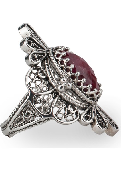 925 Ayar Gümüş El Tasarımı Telkari Sanatı Doğal Ruby Korindon (Opak Yakut) Taşlı Kadın Yüzük fırsatları