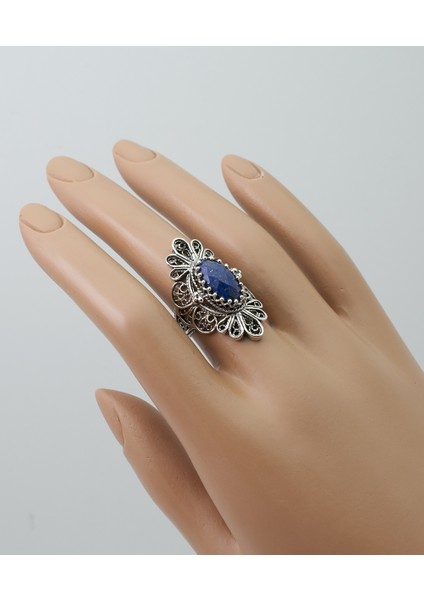 925 Ayar Gümüş El Tasarımı Telkari Sanatı Doğal Lapis Lazuli Taşlı Kadın Yüzük fiyatları