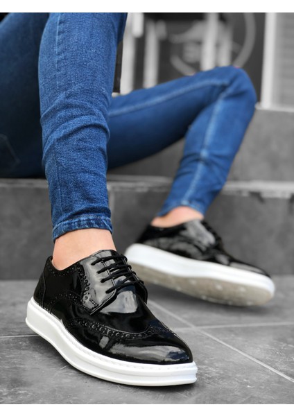 BA0003 Bağcıklı Klasik Siyah Beyaz Taban Rugan Yüksek Taban Casual Erkek Ayakkabı