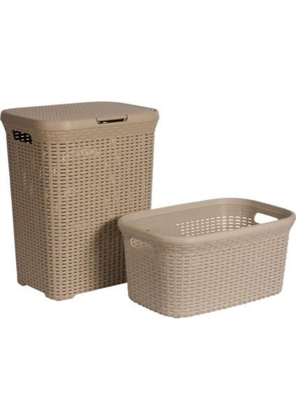 2'li Set Hasır Desenli Plastik Bej Çamaşır Sepeti & Bej Çamaşır Selesi