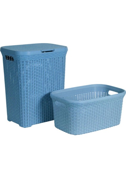 Hasır Desenli Plastik Açık Mavi Çamaşır Sepeti & Açık Mavi Çamaşır Selesi
