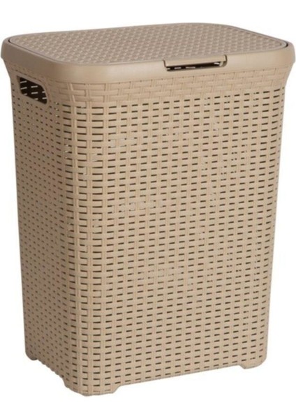 Bej, Plastik Hasır Desenli Kapaklı Çamaşır Sepeti – 55x43x33cm