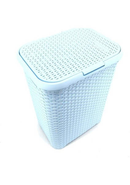 Mavi, Hasır Desenli Kapaklı Çamaşır Sepeti – 55x43x33cm