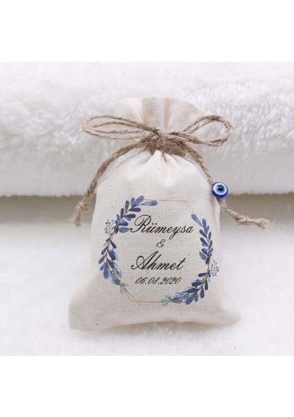 30 Adet Nazar Boncuklu Kişiye Özel Baskılı Keten Kese Altın Nikah Şekeri Söz Nişan Si