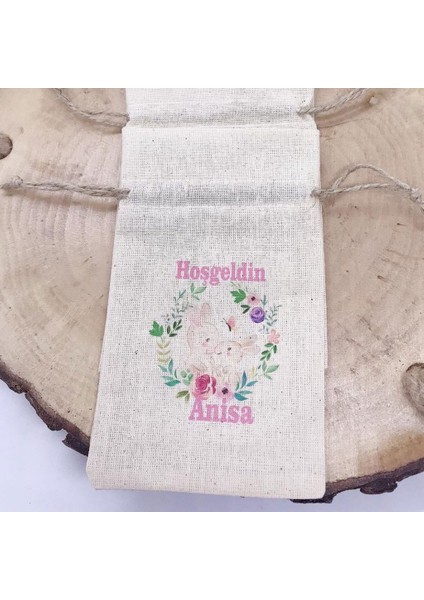 30 Adet Tavşan Tasarım Baskılı Kişiye Özel Isim Baskılı Keten Kese 9X13 cm Bebek Sekeri Malzeme