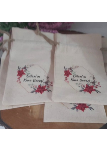 20 Adet Isim Baskılı Keten Kese 9X12 cm Kırmızı Çiçekli