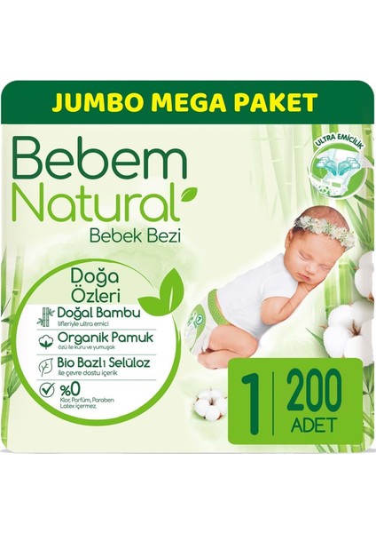 Bebem Bebek Bezi Natural Jumbo Mega Pk Beden:1 (2-5kg) Yenidoğan 200 Lü