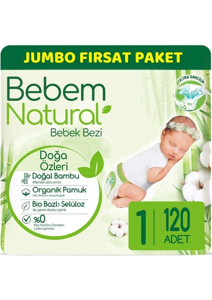 Bebem Bebek Bezi Natural Jumbo Fırsat Pk Beden:1 (2-5kg) Yenidoğan 120 Li