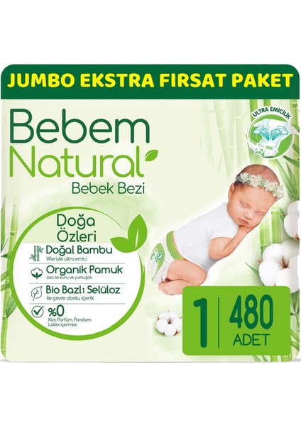 Bebem Bebek Bezi Natural Jumbo Ekstra Fırsat Pk Beden:1 (2-5kg) Yenidoğan 480 Li