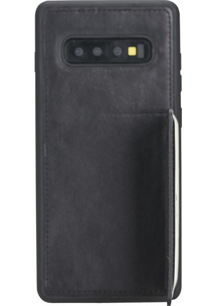 Samsung Galaxy S10 Plus Siyah Deri Esnek Ayaklı Arka Kapak Telefon Kılıfı