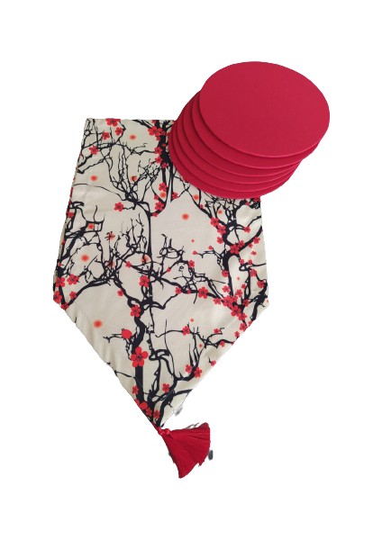 Kiraz Ağacı Desenli Runner+6 Adet Amerikan Servis Supla Seti