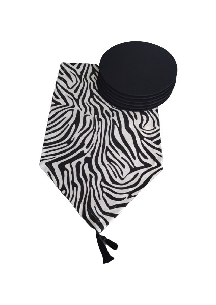 Zebra Desenli Runner+6 Adet Siyah Amerikan Servis Supla Seti