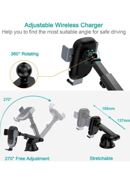 2 In 1 15W Kablosuz Şarj Destekli Araç Içi Telefon Tutucu T542-S