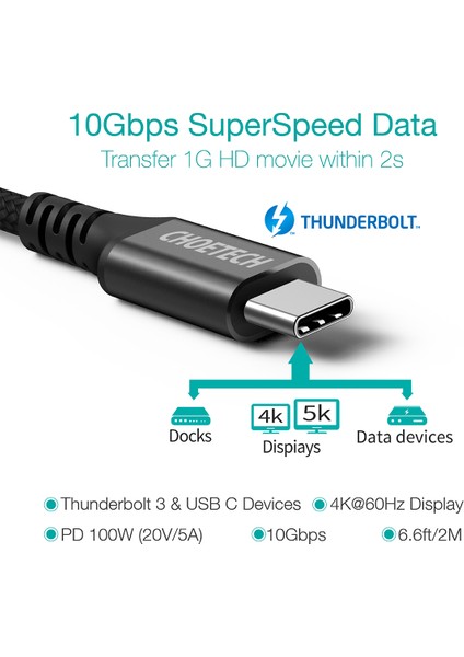 100W USB-C to USB-C 3.1 Gen2 Hızlı Şarj Destekli Data Kablosu - 2 Metre - XCC-1007 - Siyah modelleri