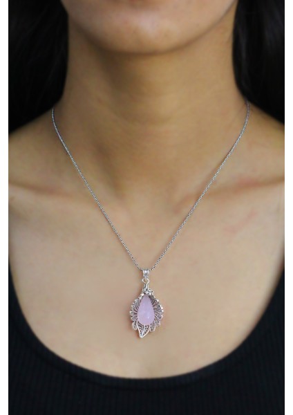 Pembe Kuvars Taşlı Zambak Model Telkari Gümüş Kolye