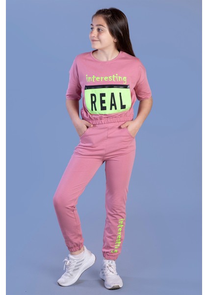 Toontoy Kız Çocuk Crop Model Cep Detaylı Baskılı Eşofman Takımı