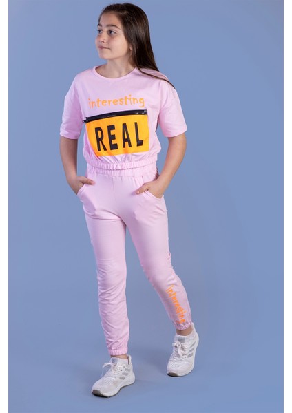 Toontoy Kız Çocuk Crop Model Cep Detaylı Baskılı Eşofman Takımı