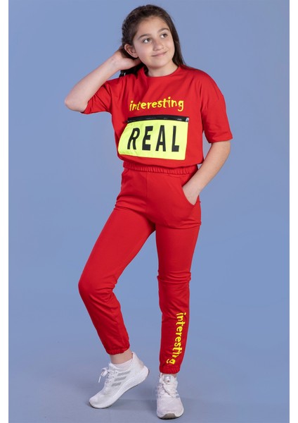 Toontoy Kız Çocuk Crop Model Cep Detaylı Baskılı Eşofman Takımı