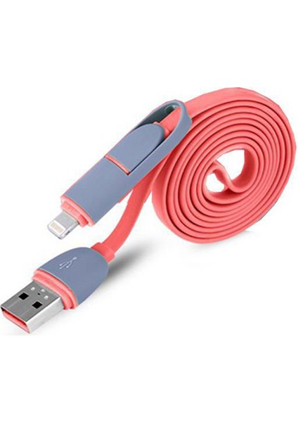 Micro USB ve Lightning 2 In 1 Çoklu USB Şarj Data Kablo Turuncu