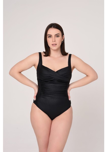 Aquaviva Kadın Büyük Beden Parlak Siyah Drape Detaylı Mayo